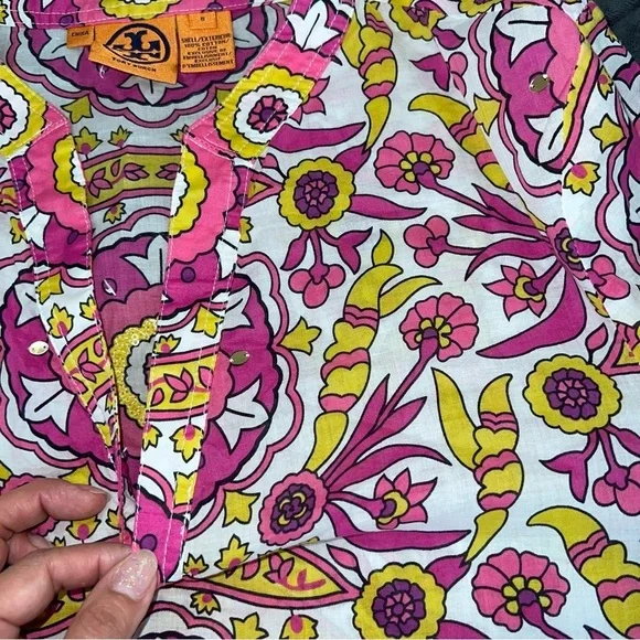 Tory Burch Top Women’s 8 Blouse Shirt Sequin Printed Floral Slit Sleeves C5 - Picture 10 of 11